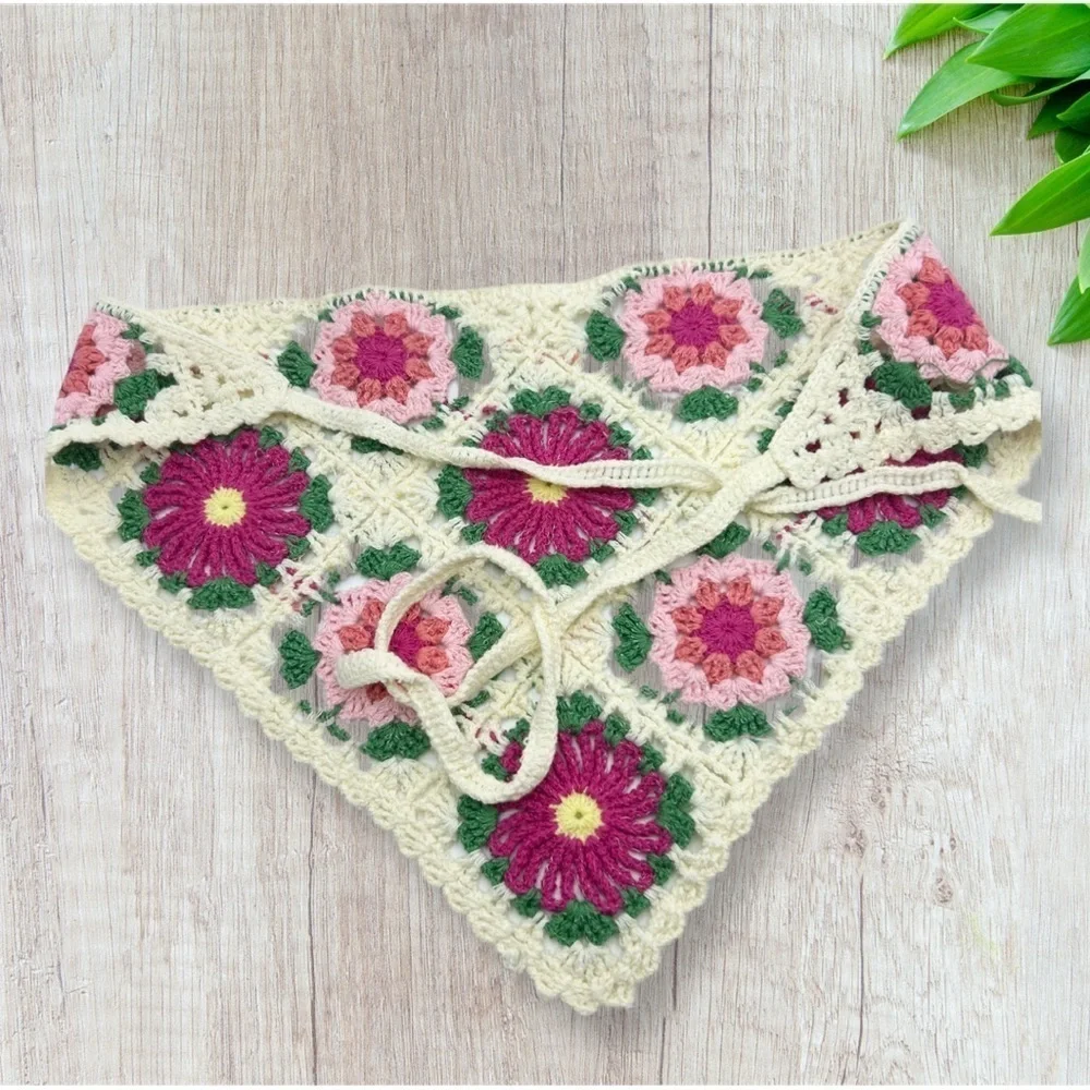 New Handmade Crochet Knitted Multicolour Floral Triangle Headband One Size